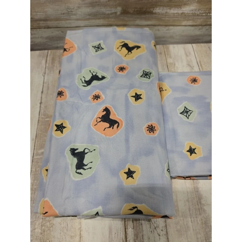 Vintage Horse Star Print Cotton Fabric Remnants 2 Piece Lot Blue Equestrian DIY